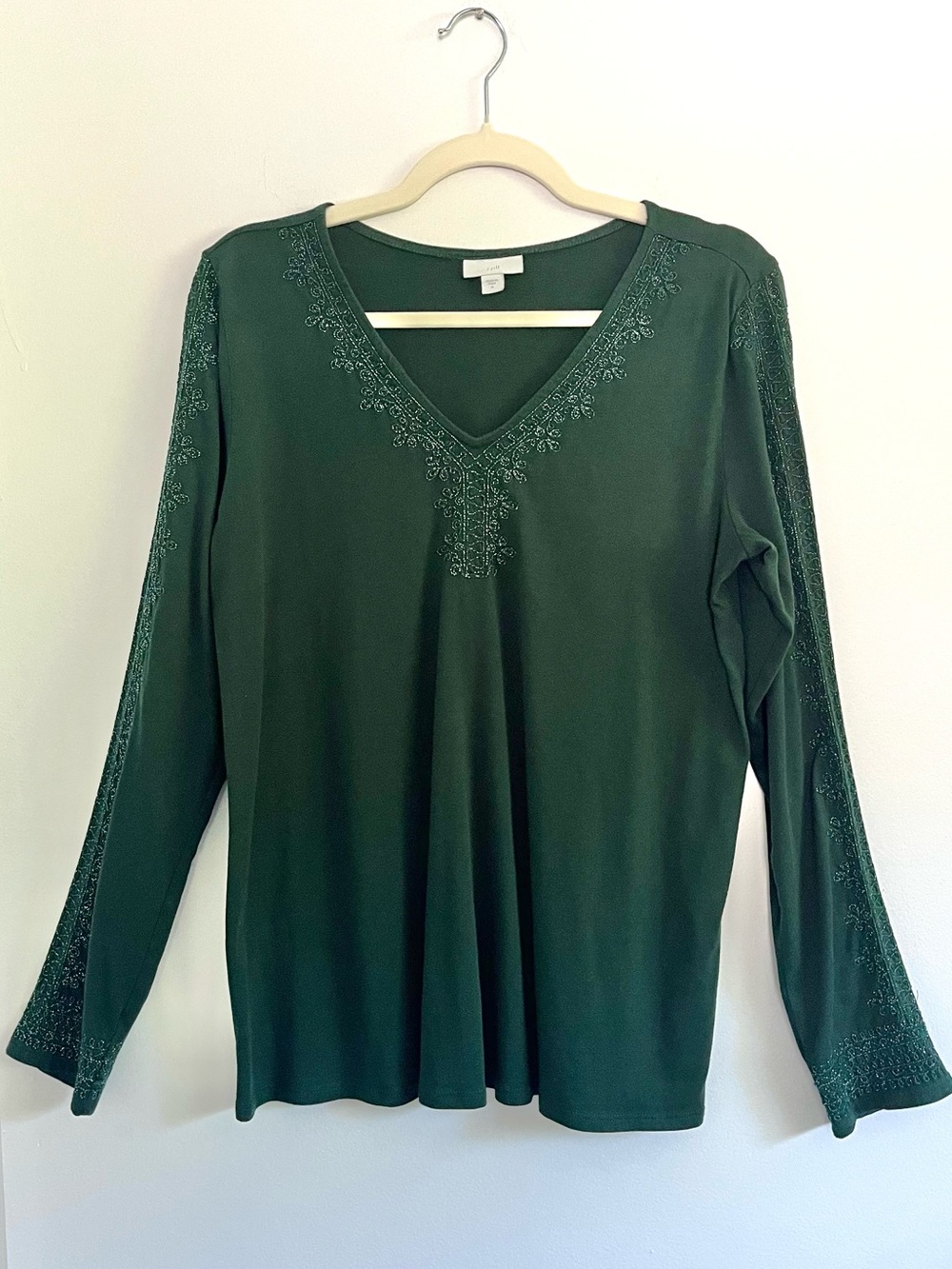 J. Jill Dark Green Embroidered Festive V-Neck Long Sleeve Top Holiday Luxury M